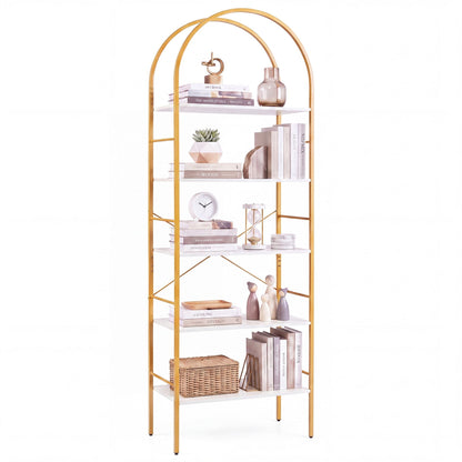 5-Tier Arched Bookcase with Open Wooden Shelves with Metal Frame-White & Gold