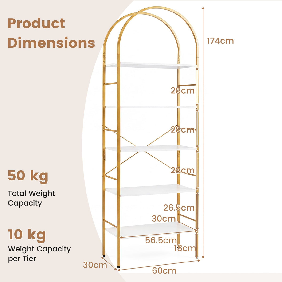 5-Tier Arched Bookcase with Open Wooden Shelves with Metal Frame-White & Gold