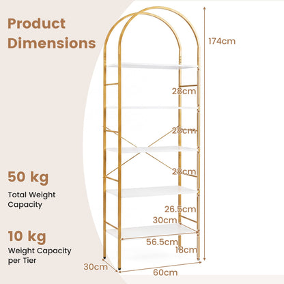 5-Tier Arched Bookcase with Open Wooden Shelves with Metal Frame-White & Gold