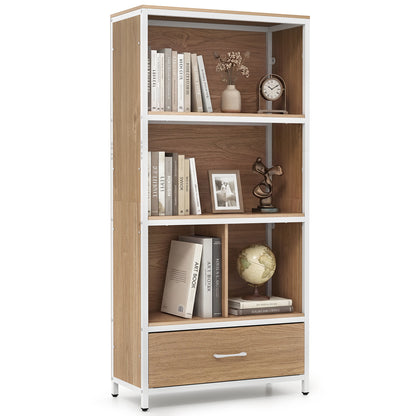 5-Tier Bookshelf Freestanding Bookcase with 4 Storage Compartments-Natural
