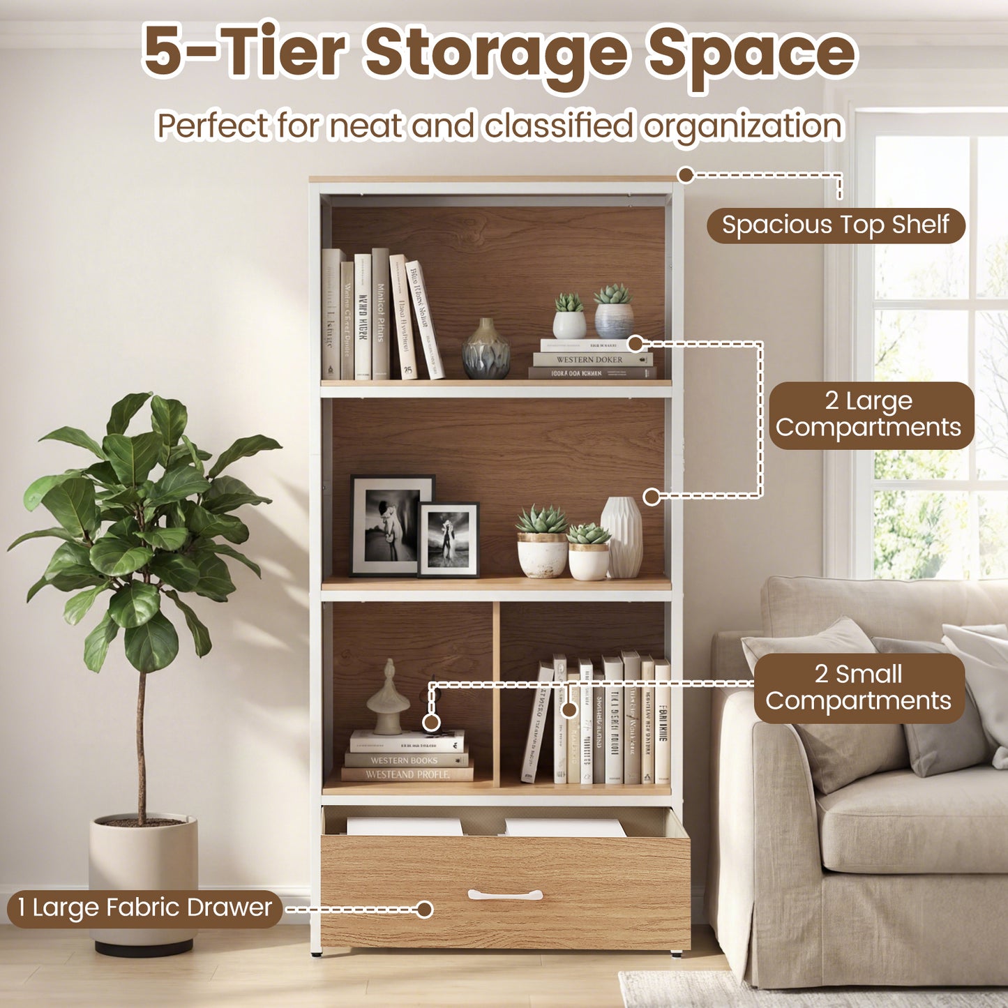 5-Tier Bookshelf Freestanding Bookcase with 4 Storage Compartments-Natural