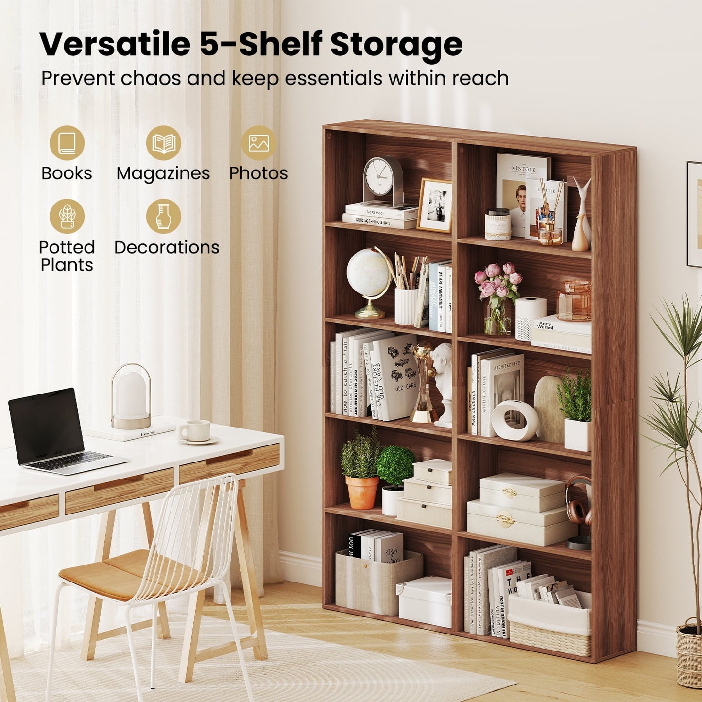 5-Tier Bookshelf with Freestanding Display Shelf and Storage Organizer for Living Room-Brown