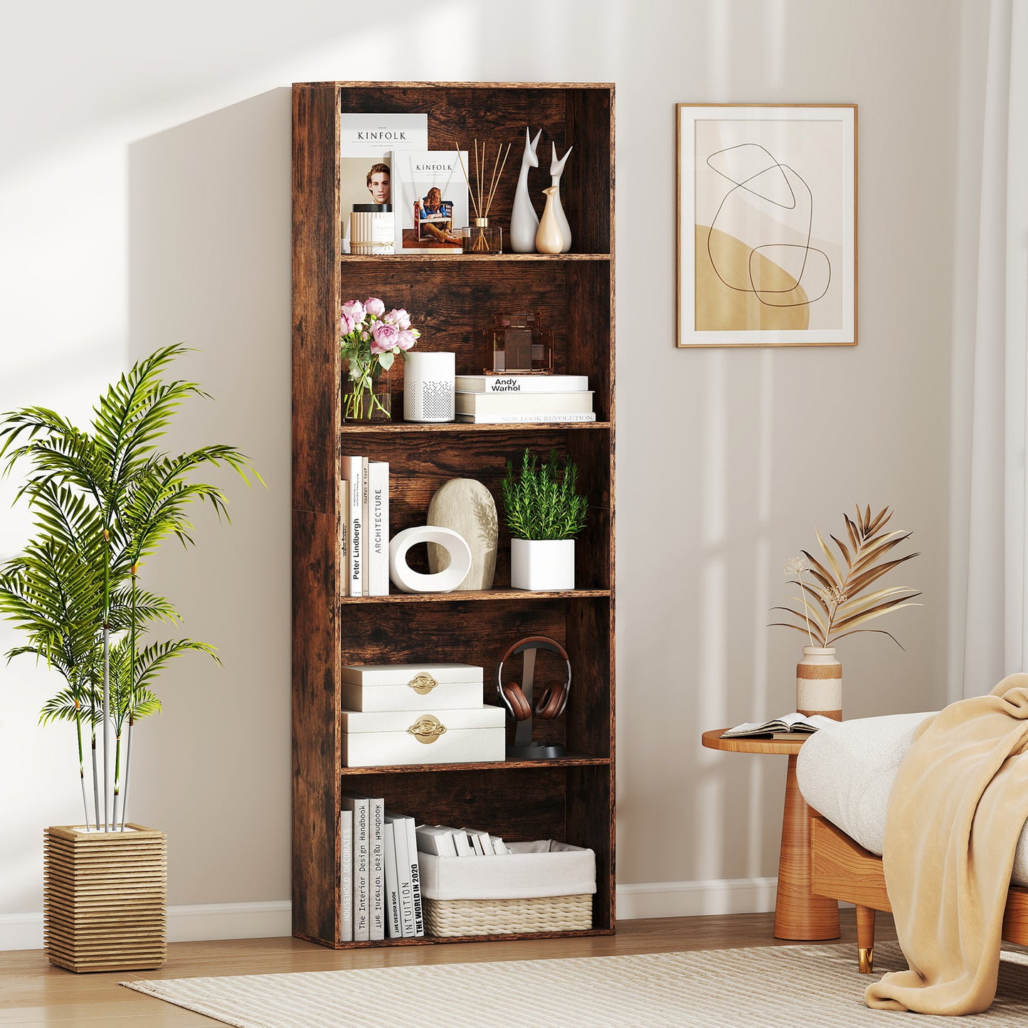 5-Tier Bookshelf with Freestanding Display Shelf and Storage Organizer for Living Room-Rustic Brown