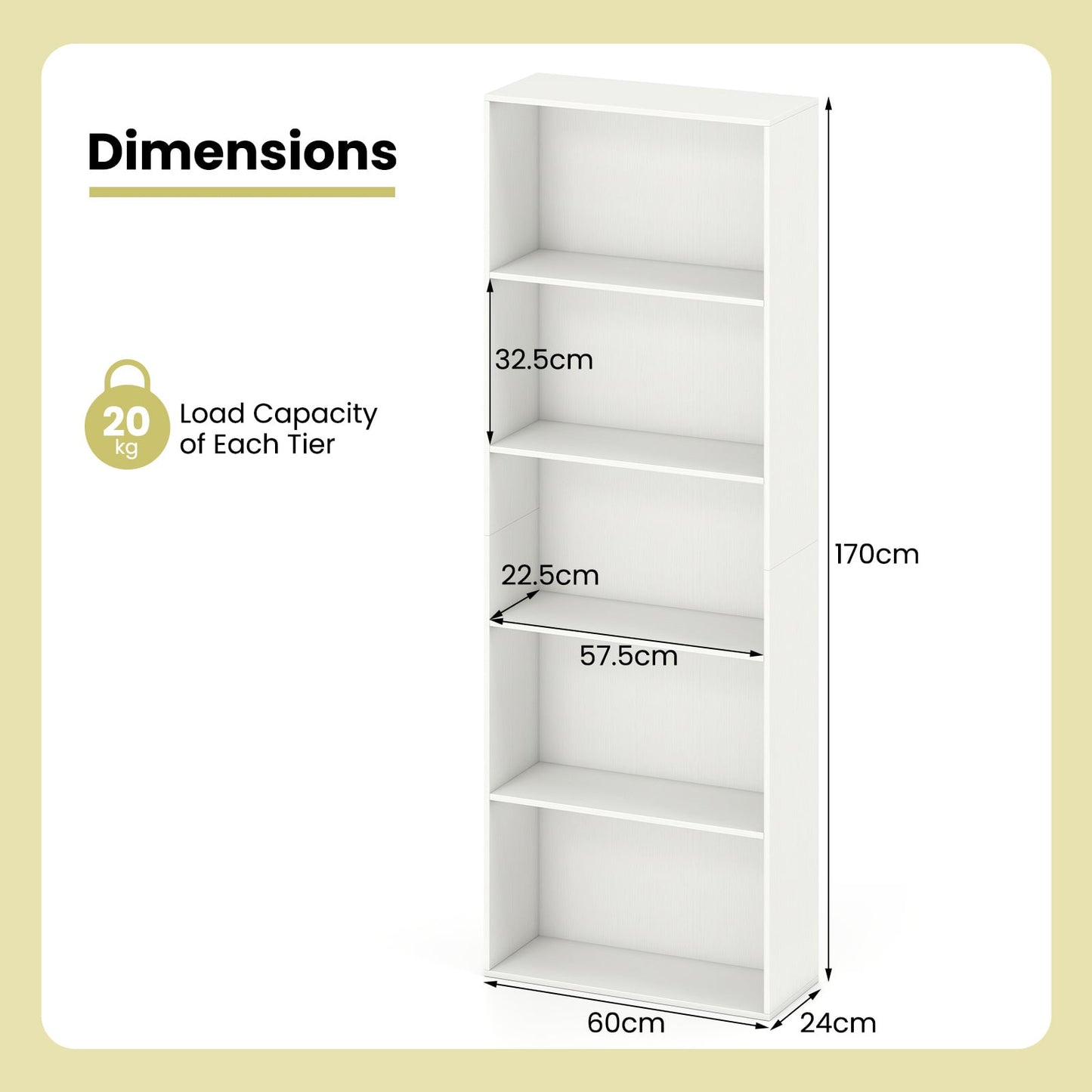 5-Tier Bookshelf with Freestanding Display Shelf and Storage Organizer for Living Room-White