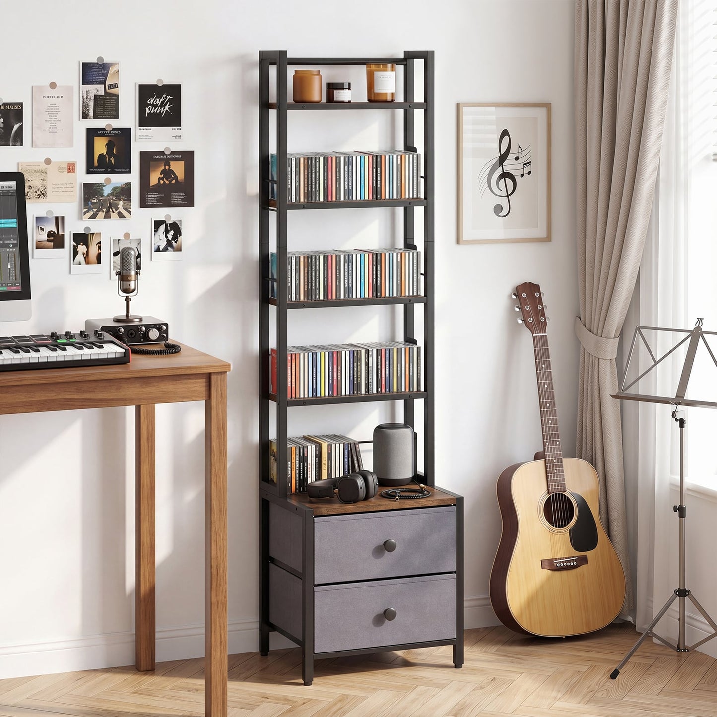 5-Tier CD Storage Rack with Drawers & Adjustable Stoppers for DVDs Books Games-Rustic Brown