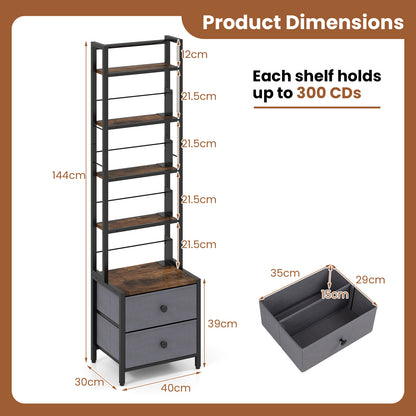 5-Tier CD Storage Rack with Drawers & Adjustable Stoppers for DVDs Books Games-Rustic Brown