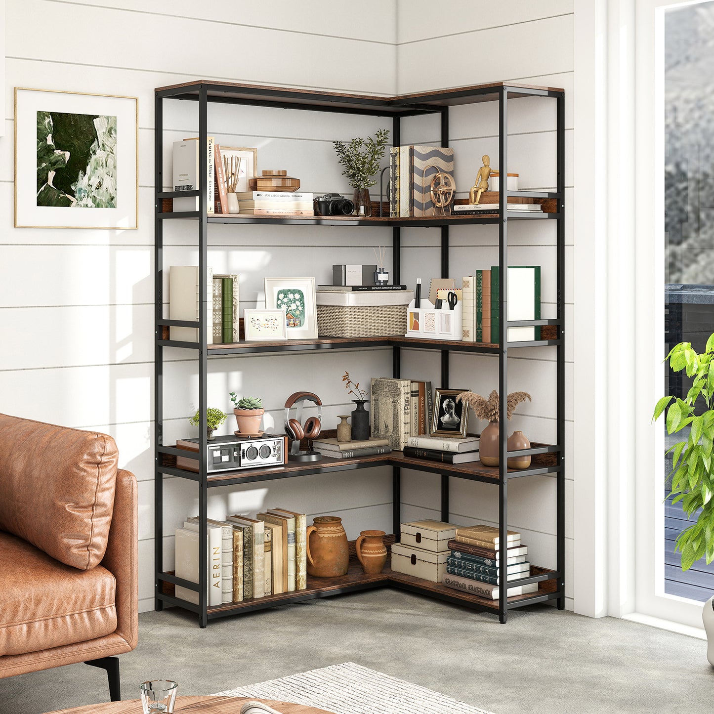 5-Tier Corner Bookshelf with Metal Frame for Living Room-Rustic Brown