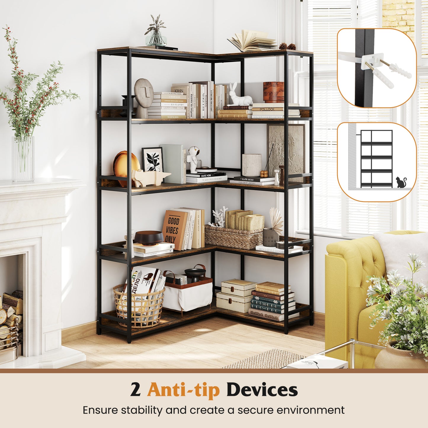 5-Tier Corner Bookshelf with Metal Frame for Living Room-Rustic Brown