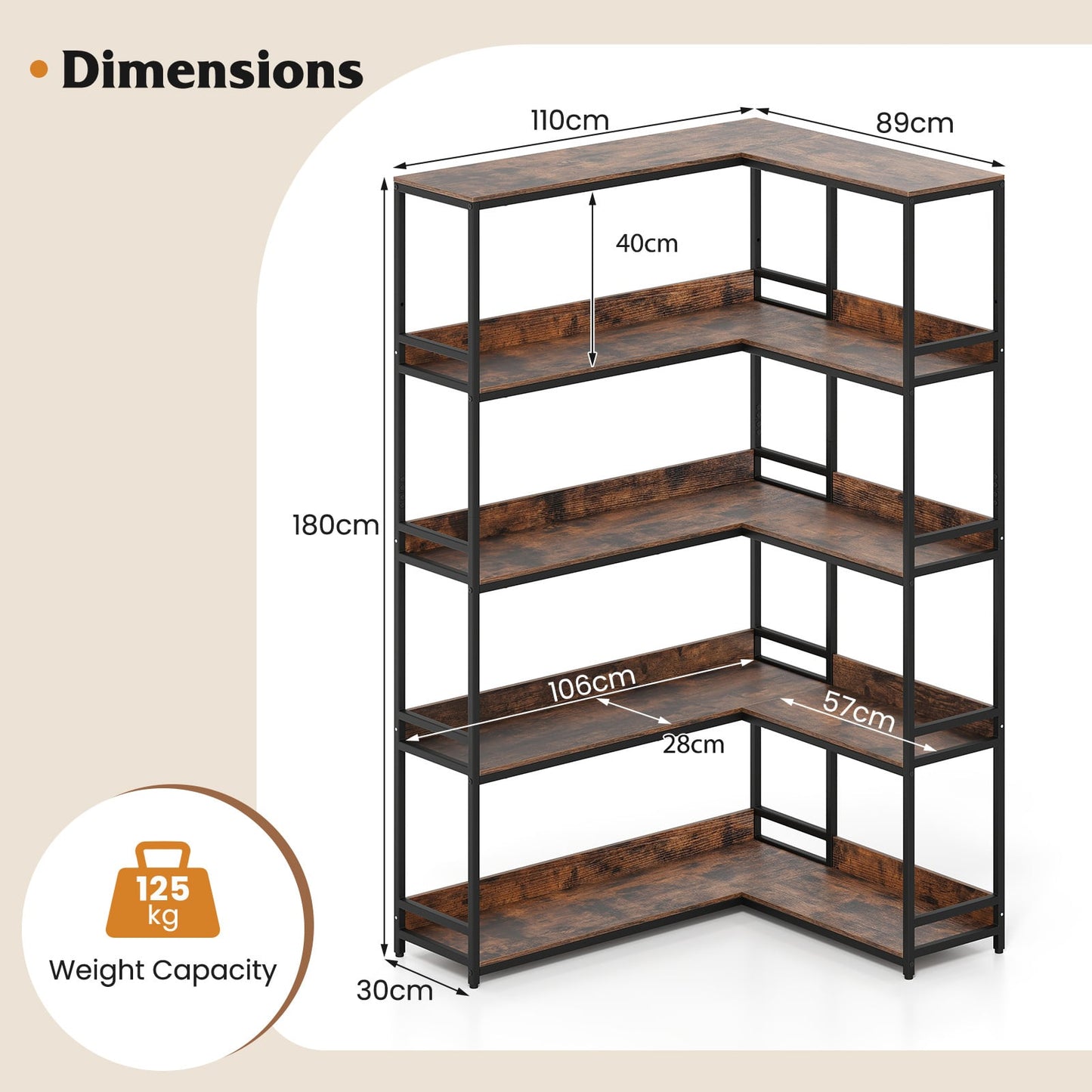 5-Tier Corner Bookshelf with Metal Frame for Living Room-Rustic Brown