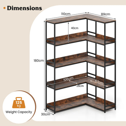 5-Tier Corner Bookshelf with Metal Frame for Living Room-Rustic Brown