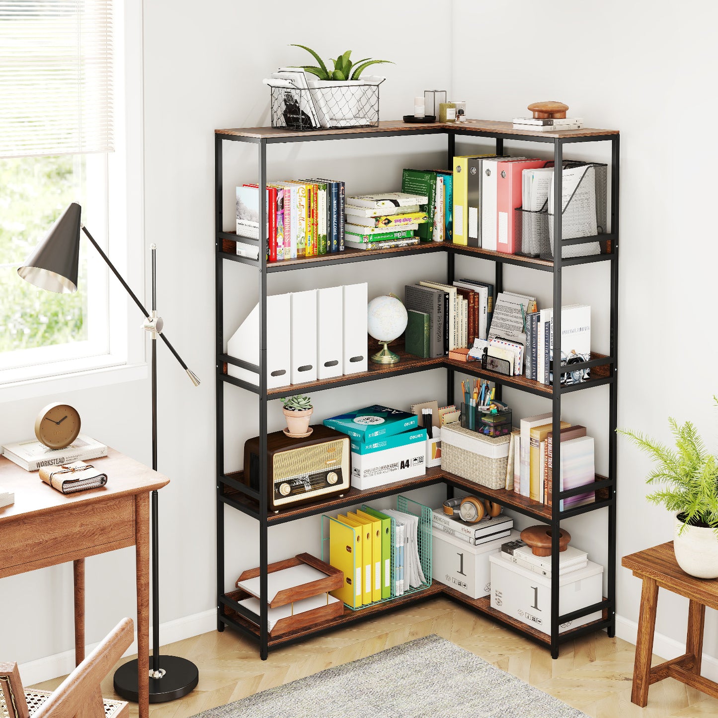 5-Tier Corner Bookshelf with Metal Frame for Living Room-Rustic Brown
