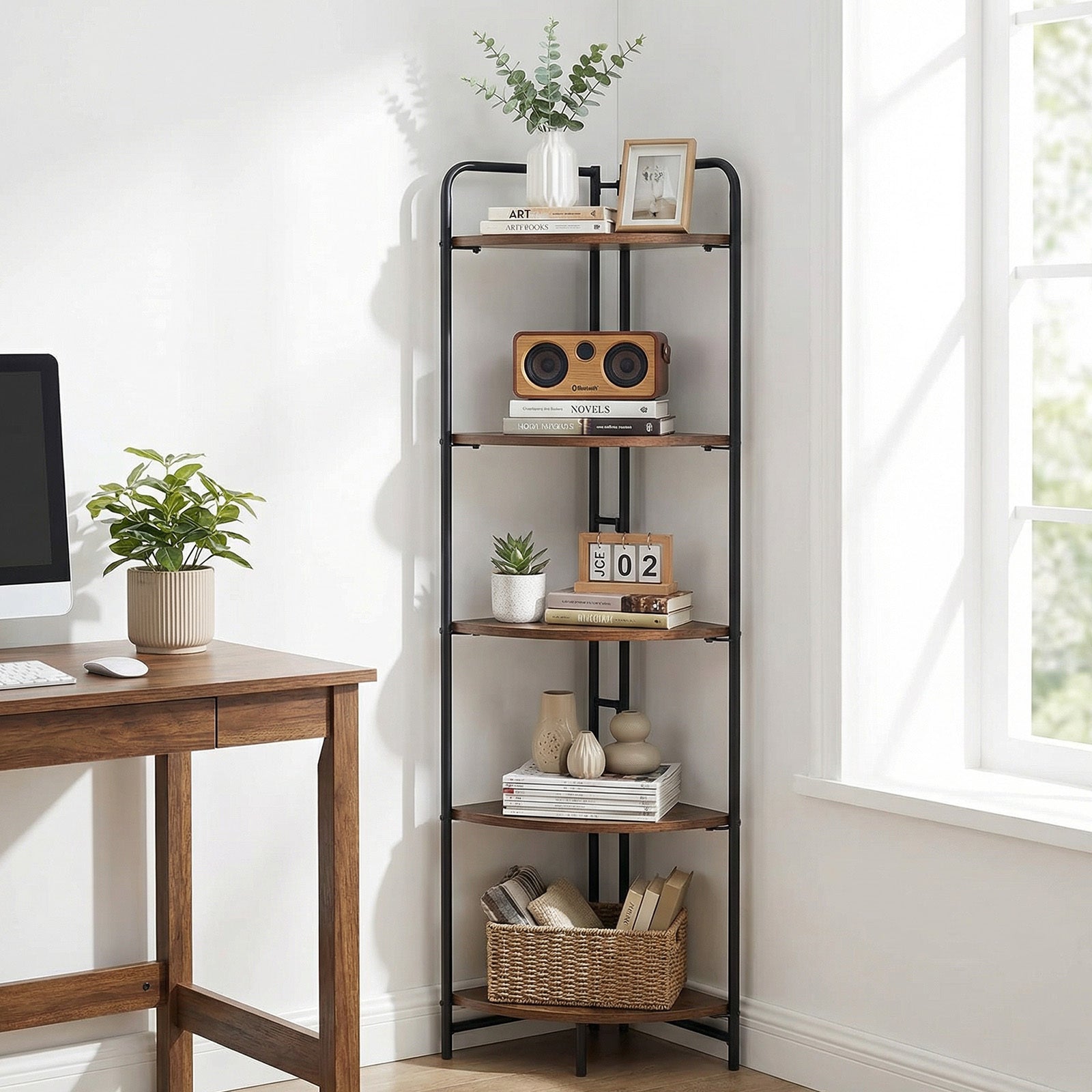 5-Tier Folding Corner Shelf Freestanding Open Display Rack with Heavy-duty Metal Frame-Rustic Brown