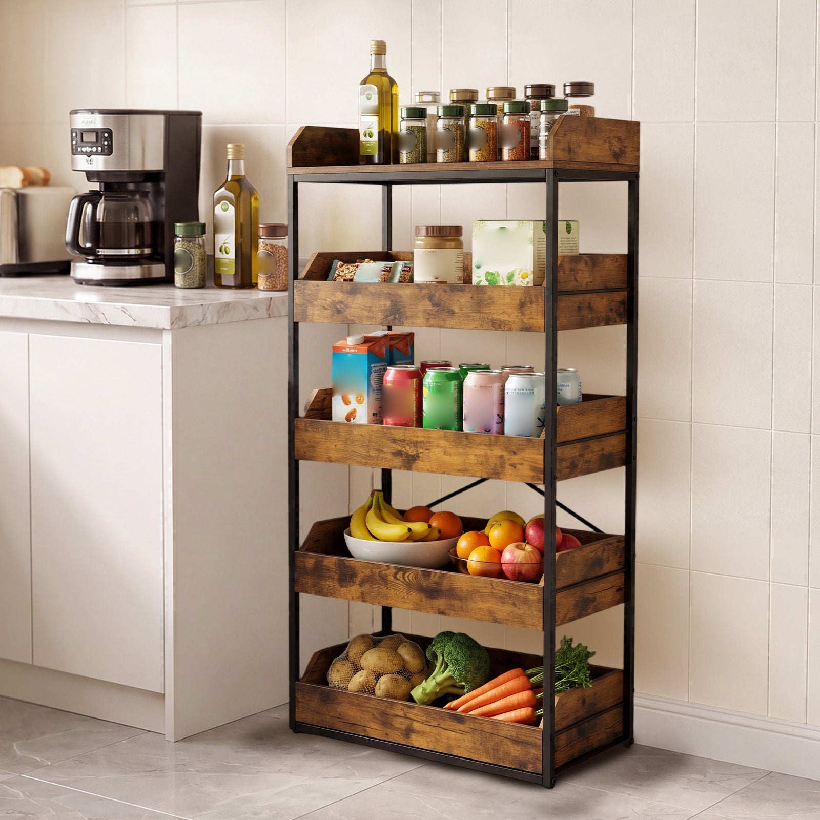 5-Tier Food Storage Rack Retail Snack Display Shelf with 4 Pull-out Drawers-Rustic Brown
