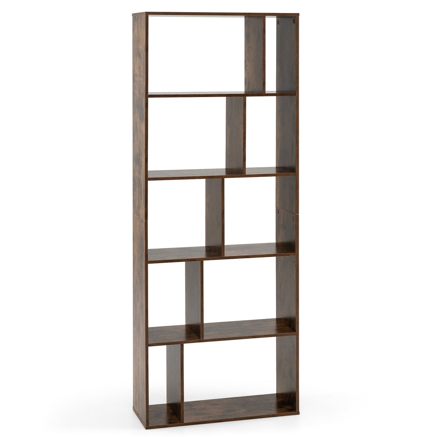 5-Tier Geometric Bookshelf with 10 Open Cubbies-Rustic Brown