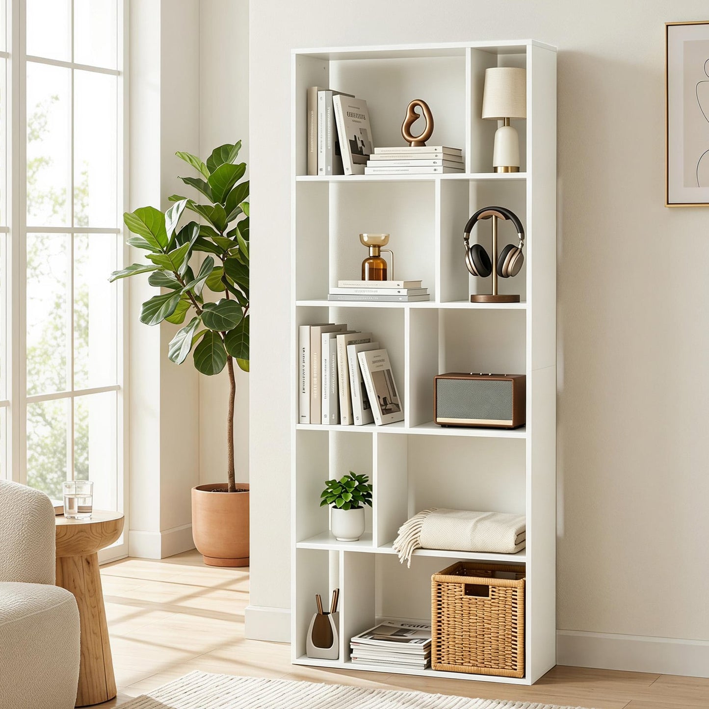 5-Tier Geometric Bookshelf with 10 Open Cubbies-White
