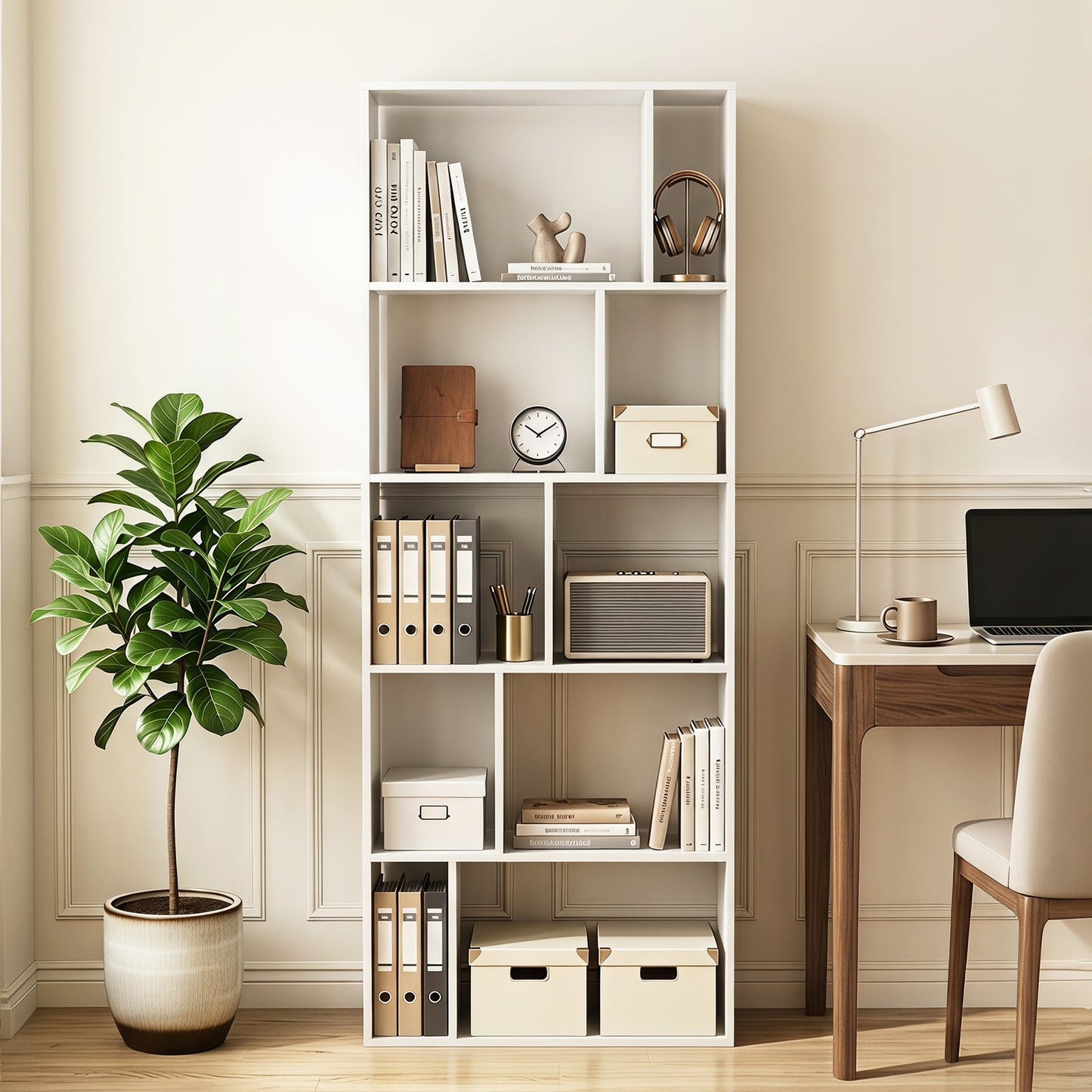 5-Tier Geometric Bookshelf with 10 Open Cubbies-White