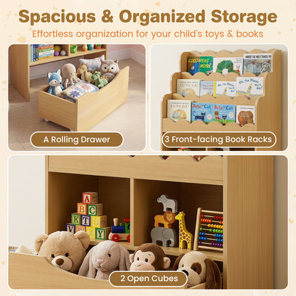 5-Tier Kids Bookshelf with Shelves & Rolling Drawer for Nursery Playroom-Natural