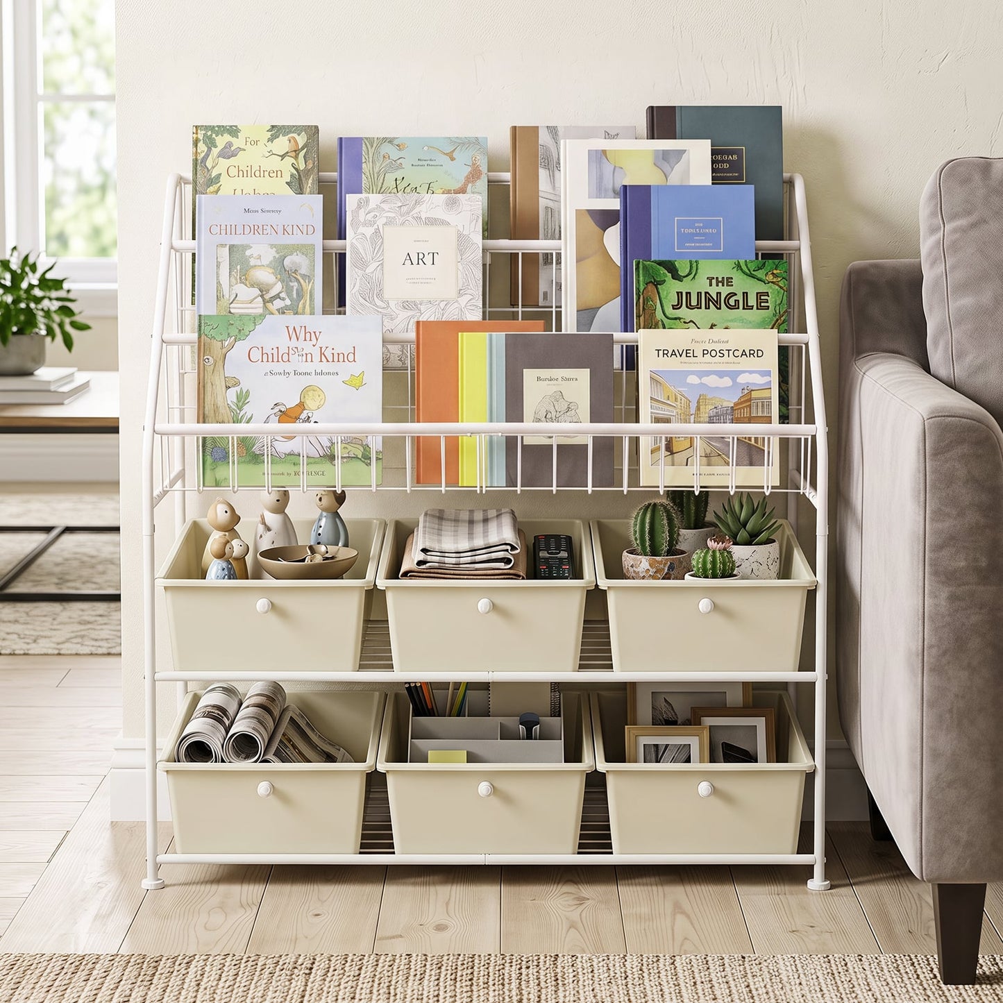 5-Tier Metal Rack Shelf with 6 Removable Drawers and 3 Baskets for Playroom-White