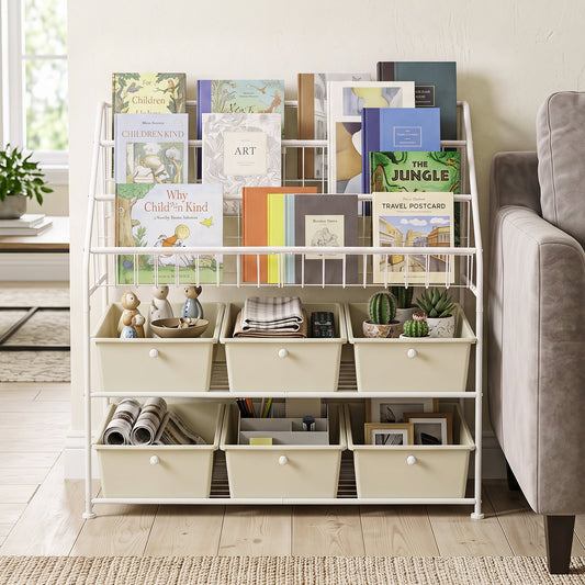 5-Tier Metal Rack Shelf with 6 Removable Drawers and 3 Baskets for Playroom-White