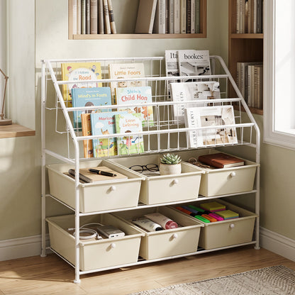 5-Tier Metal Rack Shelf with 6 Removable Drawers and 3 Baskets for Playroom-White