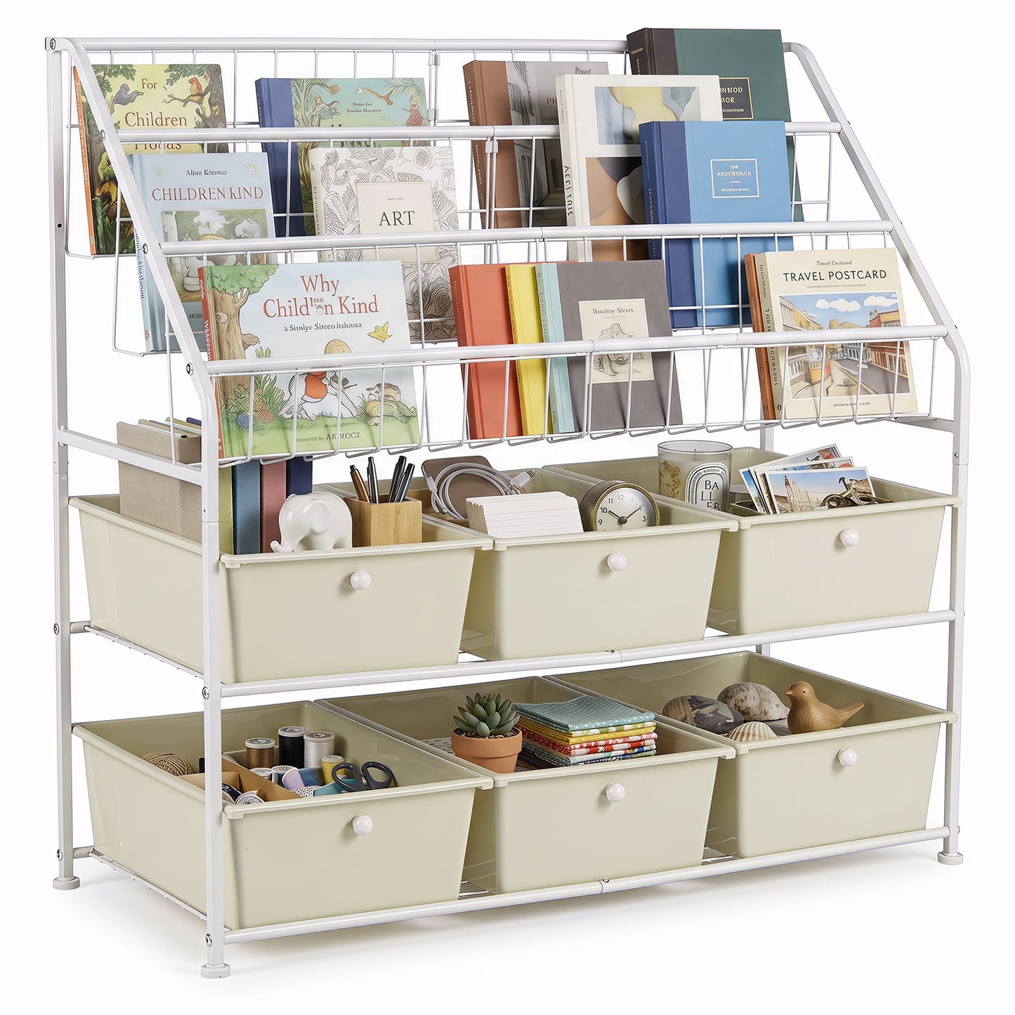 5-Tier Metal Rack Shelf with 6 Removable Drawers and 3 Baskets for Playroom-White