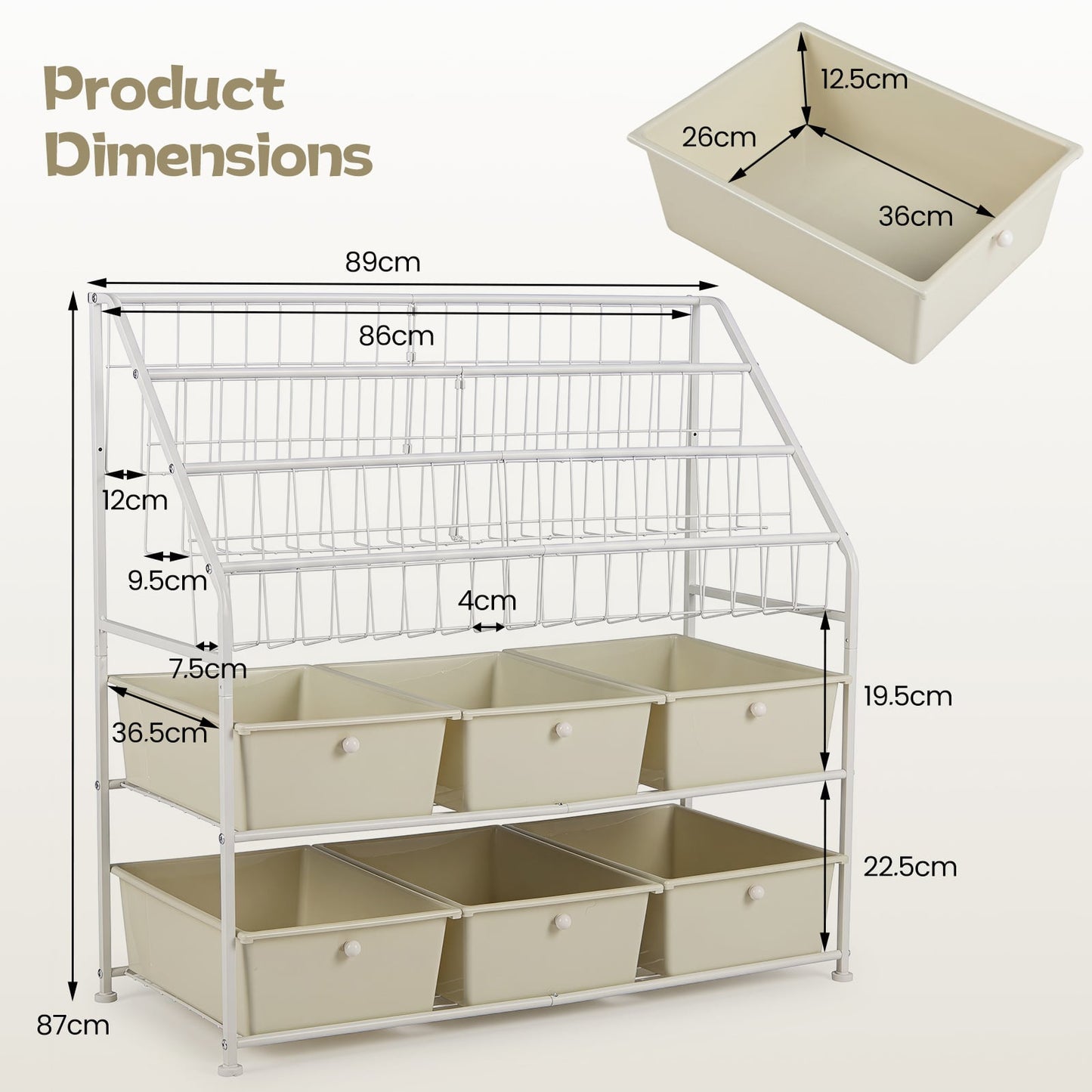 5-Tier Metal Rack Shelf with 6 Removable Drawers and 3 Baskets for Playroom-White