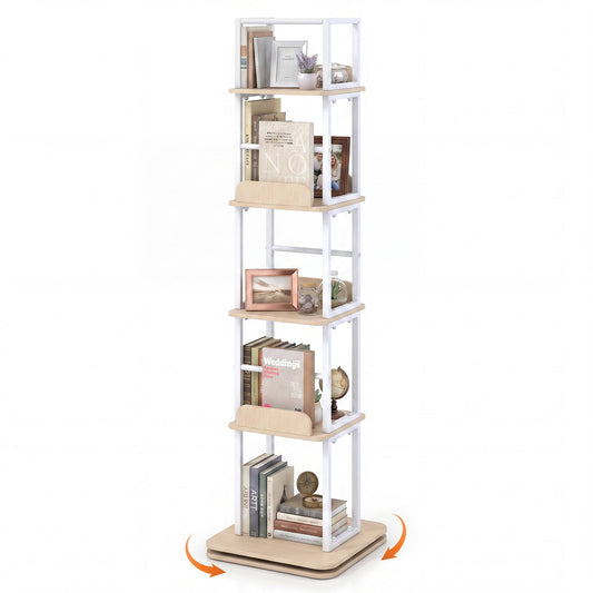 5-Tier Rotating Bookshelf Tower with 360° Spin & Side Rails for Small Spaces-Oak