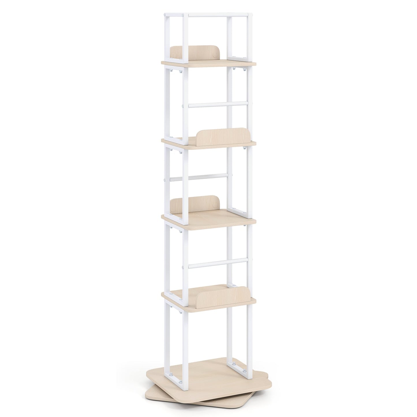 5-Tier Rotating Bookshelf Tower with 360° Spin & Side Rails for Small Spaces-Oak