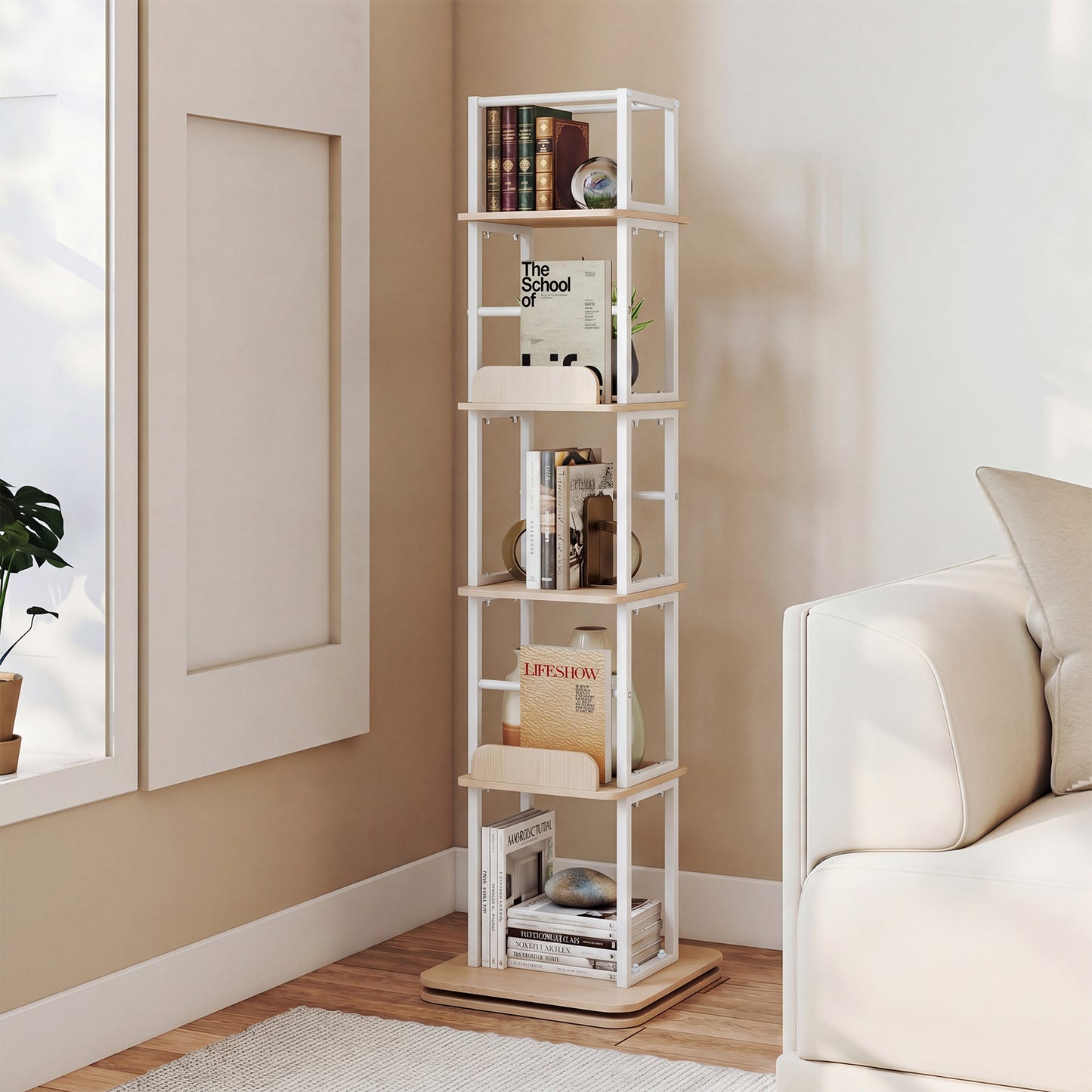 5-Tier Rotating Bookshelf Tower with 360° Spin & Side Rails for Small Spaces-Oak