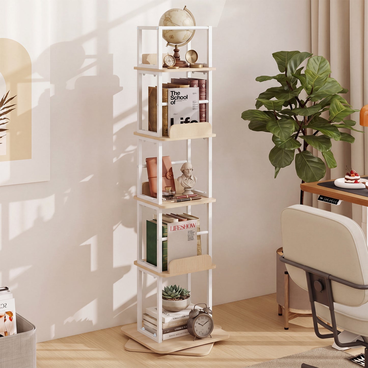 5-Tier Rotating Bookshelf Tower with 360° Spin & Side Rails for Small Spaces-Oak