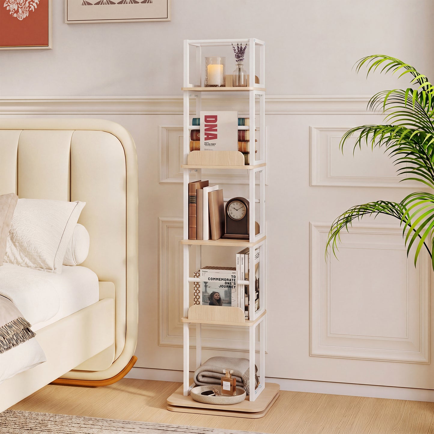 5-Tier Rotating Bookshelf Tower with 360° Spin & Side Rails for Small Spaces-Oak