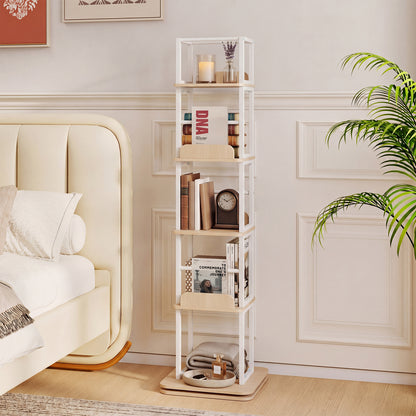 5-Tier Rotating Bookshelf Tower with 360° Spin & Side Rails for Small Spaces-Oak