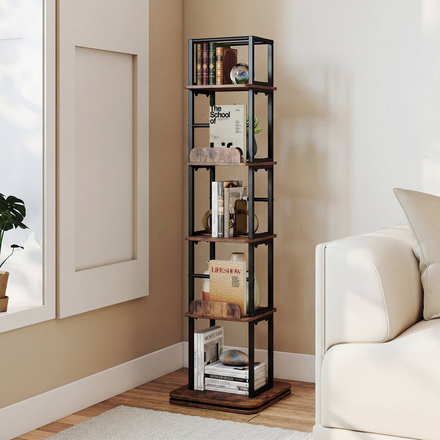 5-Tier Rotating Bookshelf Tower with 360° Spin & Side Rails for Small Spaces-Rustic Brown