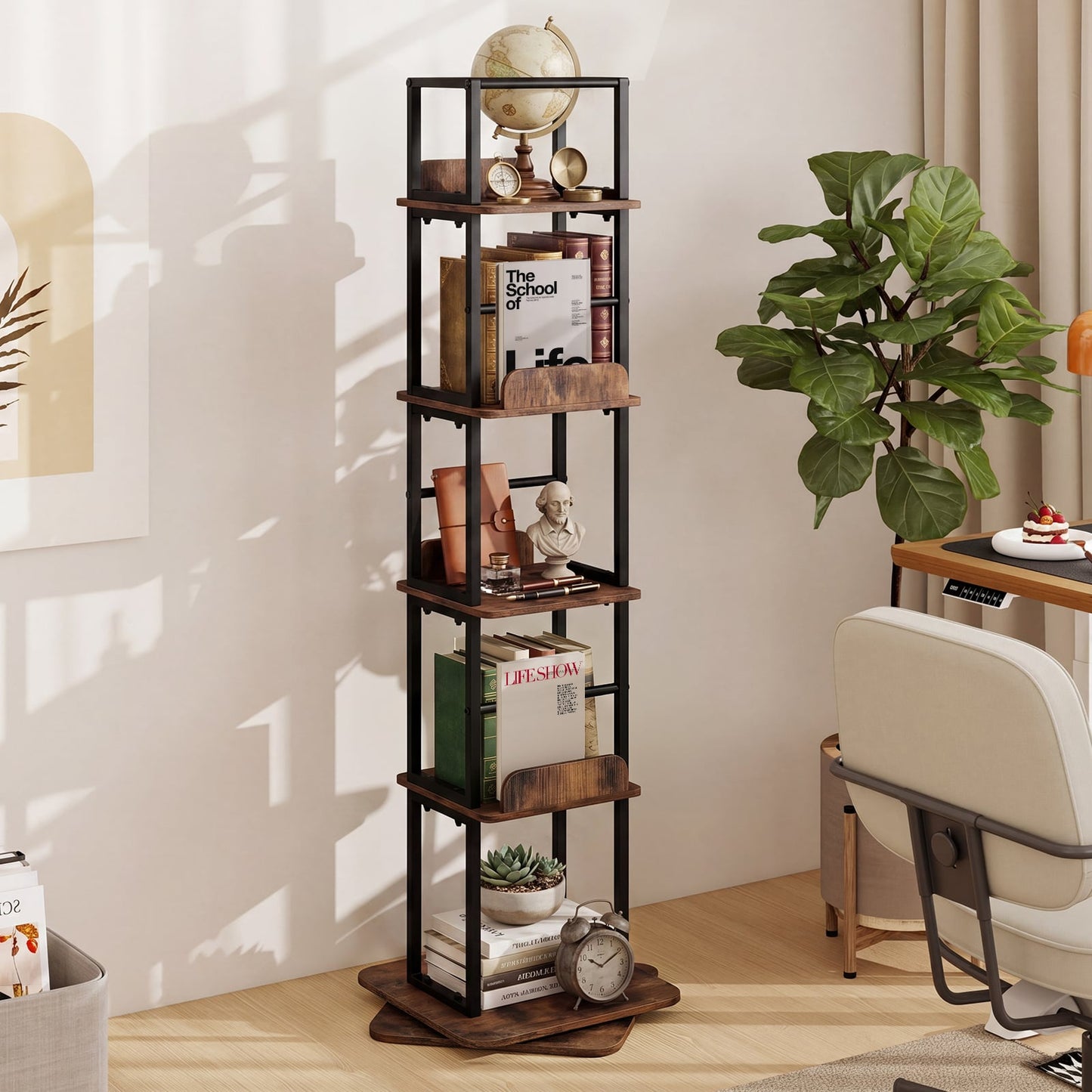 5-Tier Rotating Bookshelf Tower with 360° Spin & Side Rails for Small Spaces-Rustic Brown