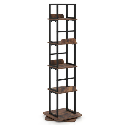 5-Tier Rotating Bookshelf Tower with 360° Spin & Side Rails for Small Spaces-Rustic Brown