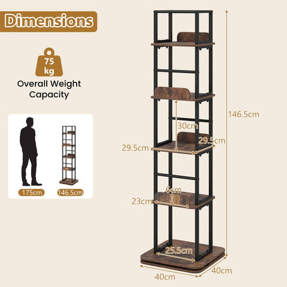 5-Tier Rotating Bookshelf Tower with 360° Spin & Side Rails for Small Spaces-Rustic Brown