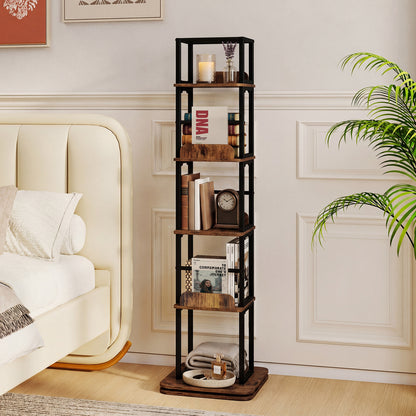 5-Tier Rotating Bookshelf Tower with 360° Spin & Side Rails for Small Spaces-Rustic Brown