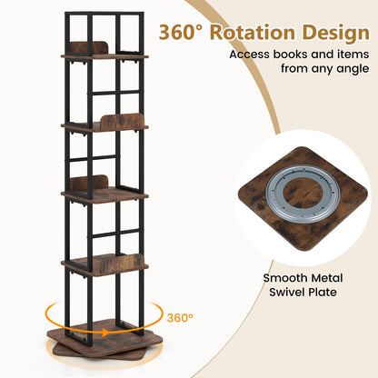 5-Tier Rotating Bookshelf Tower with 360° Spin & Side Rails for Small Spaces-Rustic Brown