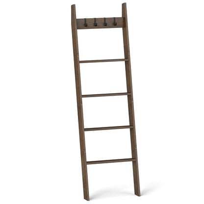 5-Tier Bamboo Ladder Bookshelf with 4 Removable Hooks-Brown
