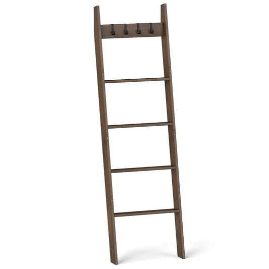 5-Tier Bamboo Ladder Bookshelf with 4 Removable Hooks-Brown