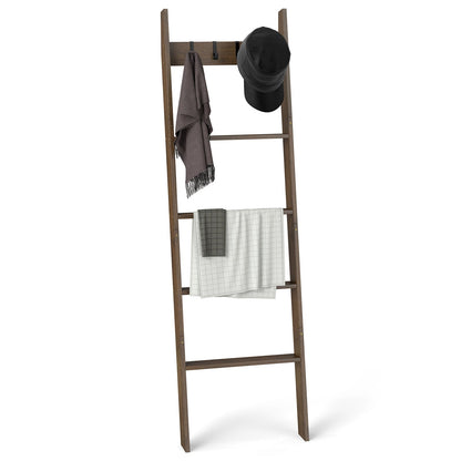 5-Tier Bamboo Ladder Bookshelf with 4 Removable Hooks-Brown