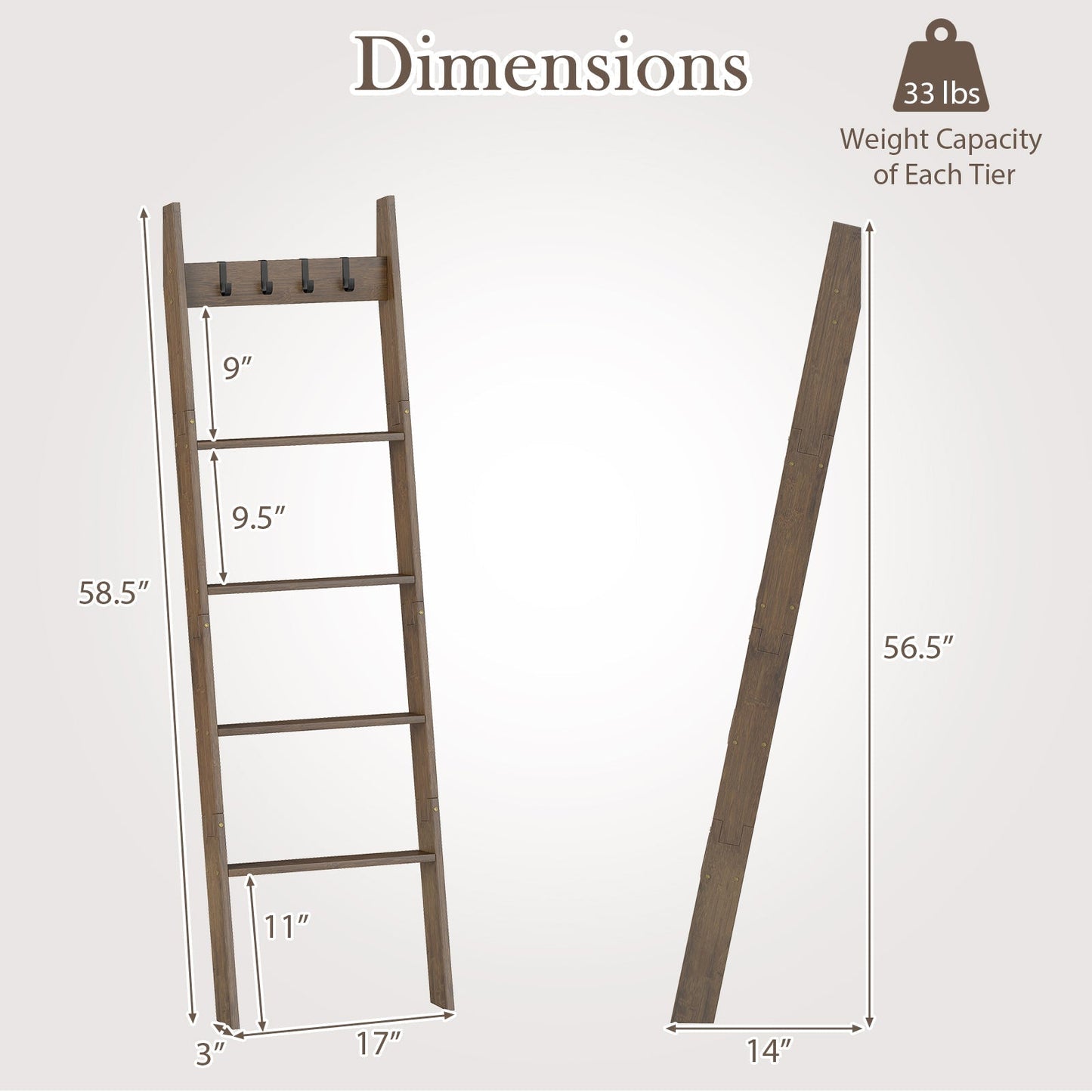 5-Tier Bamboo Ladder Bookshelf with 4 Removable Hooks-Brown