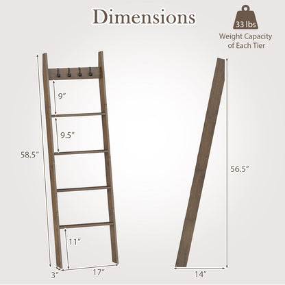 5-Tier Bamboo Ladder Bookshelf with 4 Removable Hooks-Brown