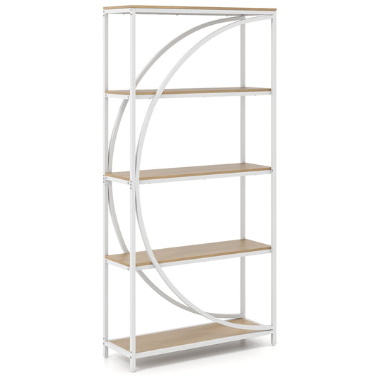 5-Tier Industrial Etagere Bookshelf with Open Storage Shelves and Arc-Shaped Design-Natural