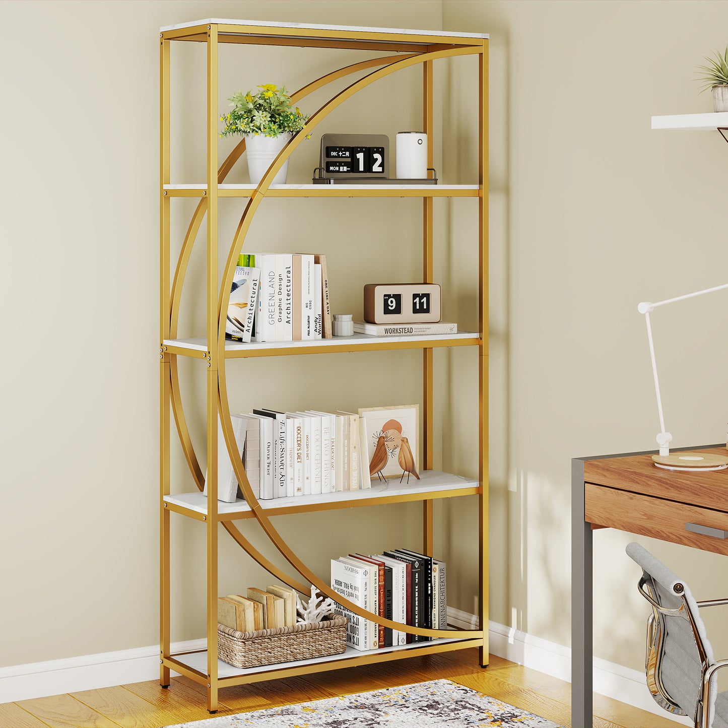 5-Tier Industrial Etagere Bookshelf with Open Storage Shelves and Arc-Shaped Design-White