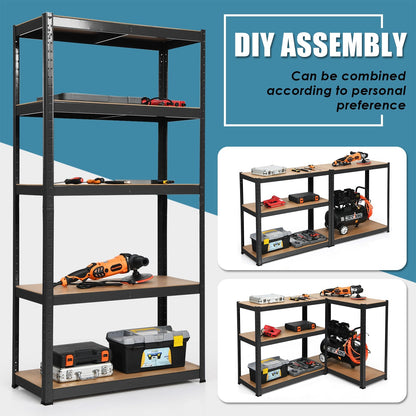 5-Tier Storage Rack with Boltless Shelving and Adjustable Shelves-Black