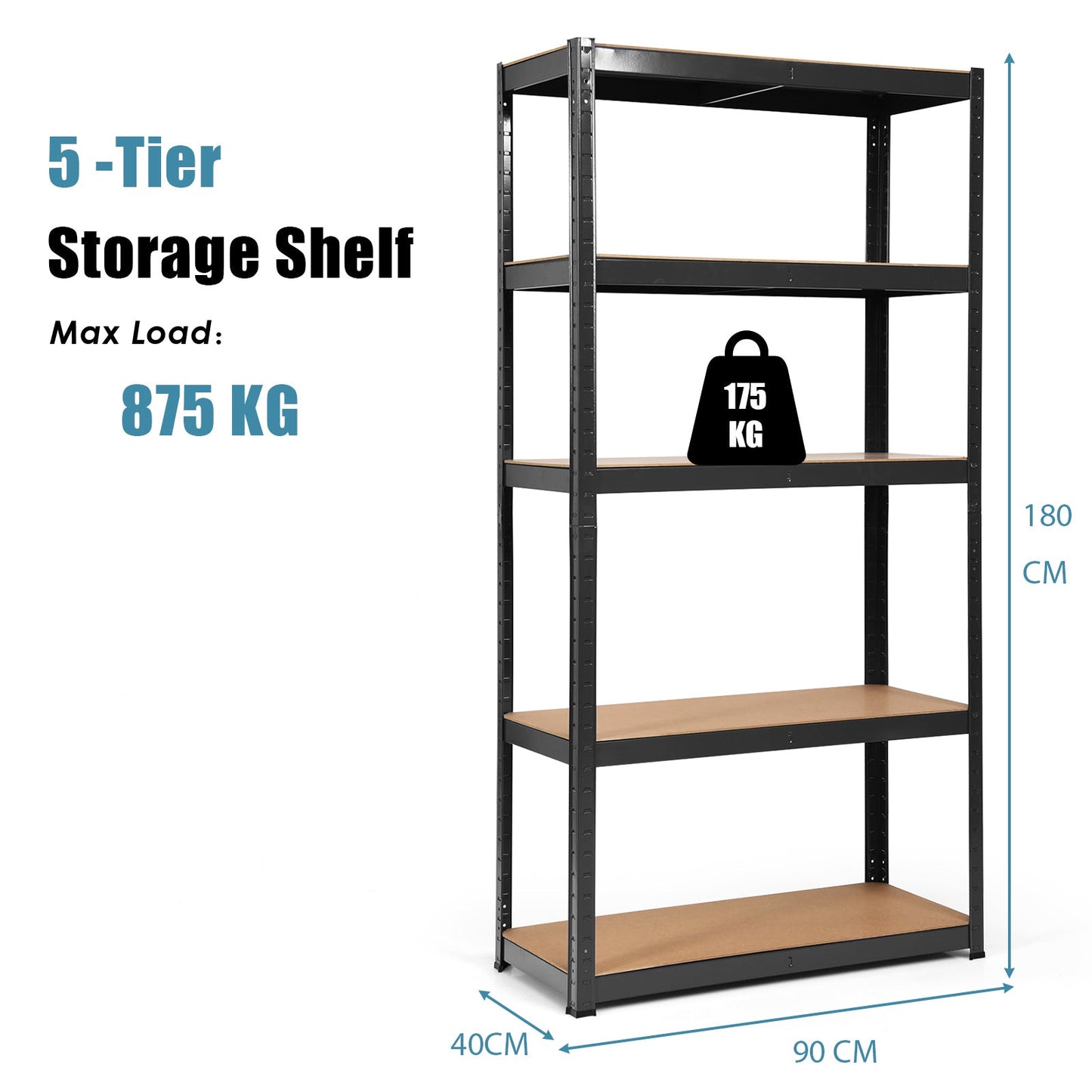 5-Tier Storage Rack with Boltless Shelving and Adjustable Shelves-Black