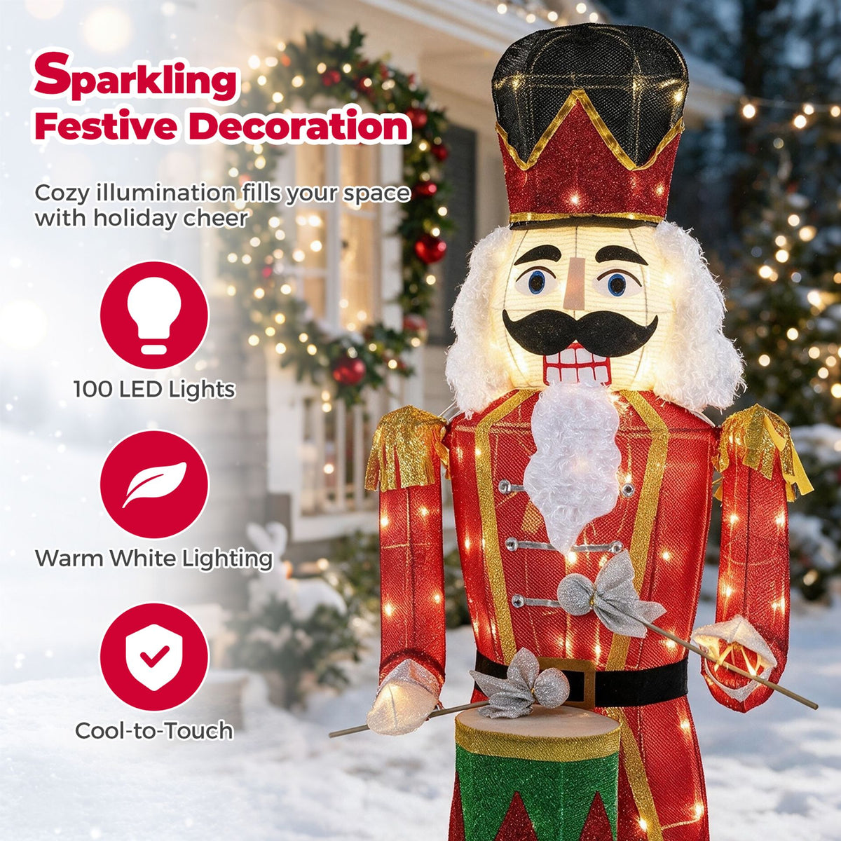 5 ft Lighted Animated Christmas Nutcracker with Playing Hands and 100 Warm White LED Lights