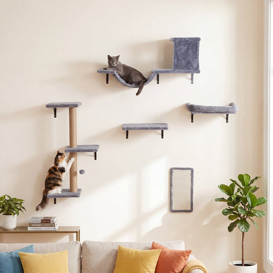 5-in-1 Cat Climbing Wall Set Padded Hanging Pet Furniture with 3-Level Cat Tree-Grey