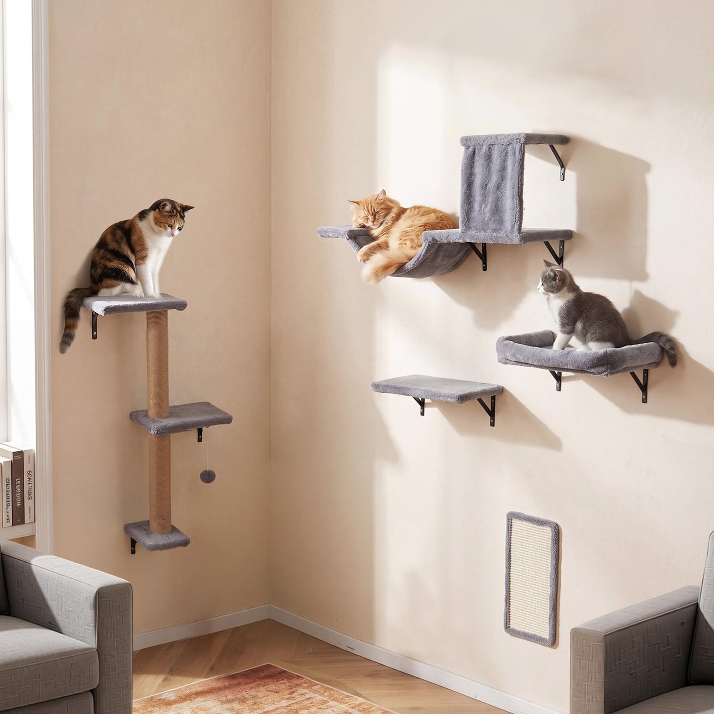 5-in-1 Cat Climbing Wall Set Padded Hanging Pet Furniture with 3-Level Cat Tree-Grey
